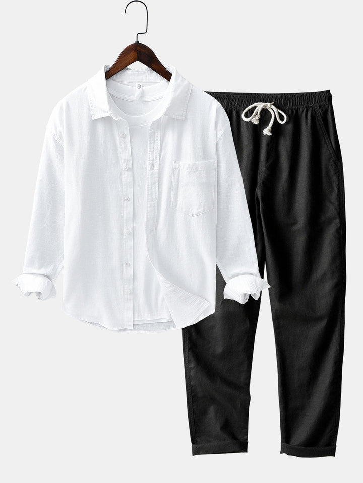 Camisa de manga larga de lino y algodón con bolsillo y pantalón de lino de pierna recta