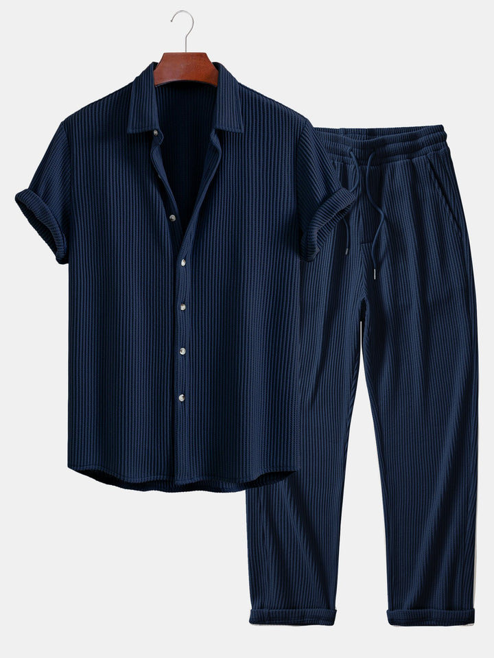 Camisa de Waffle con Botones y Pantalones de Waffle Tejidos con Cordón