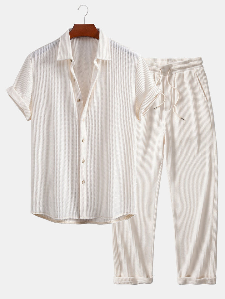 Camisa de Waffle con Botones y Pantalones de Waffle Tejidos con Cordón