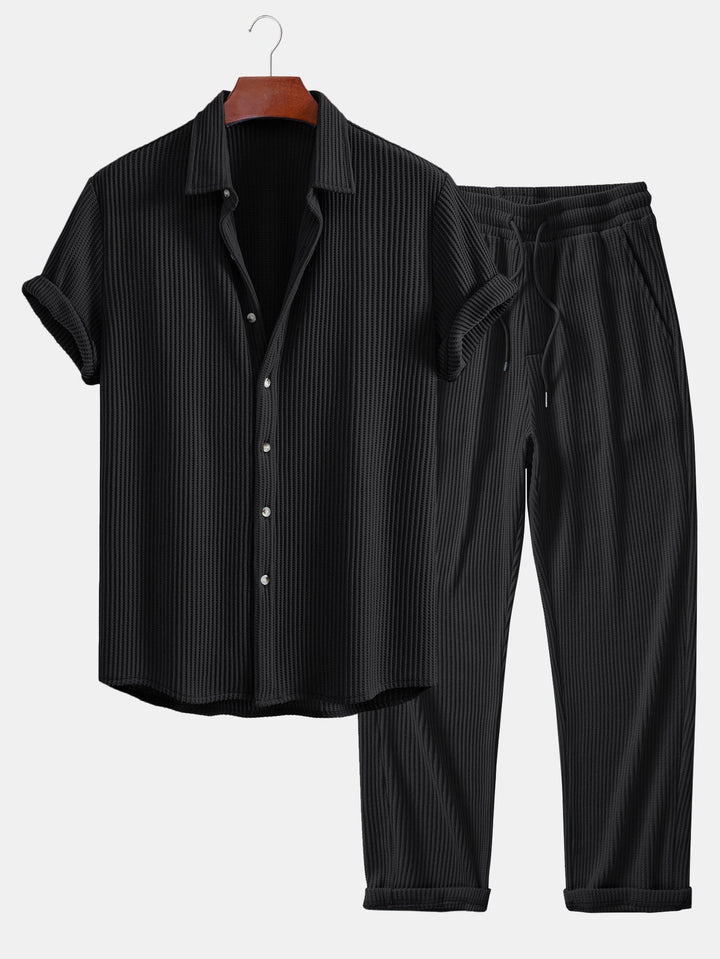 Camisa de Waffle con Botones y Pantalones de Waffle Tejidos con Cordón