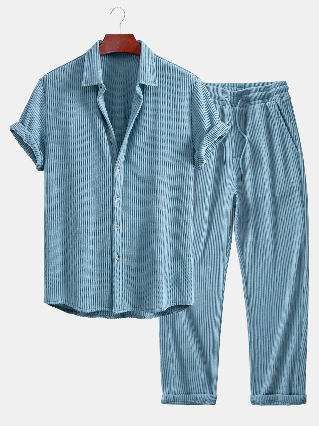 Camisa de Waffle con Botones y Pantalones de Waffle Tejidos con Cordón