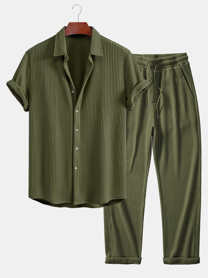 Camisa de Waffle con Botones y Pantalones de Waffle Tejidos con Cordón