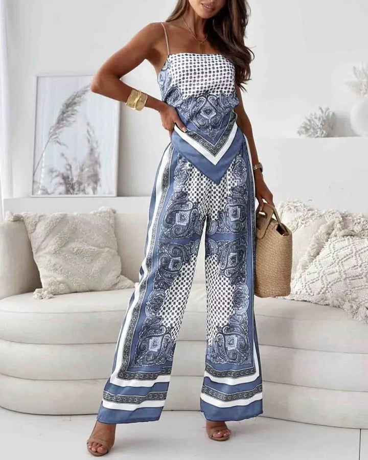 Alya | Conjunto elegante de dos piezas con chaleco y pantalones estampados con cordones