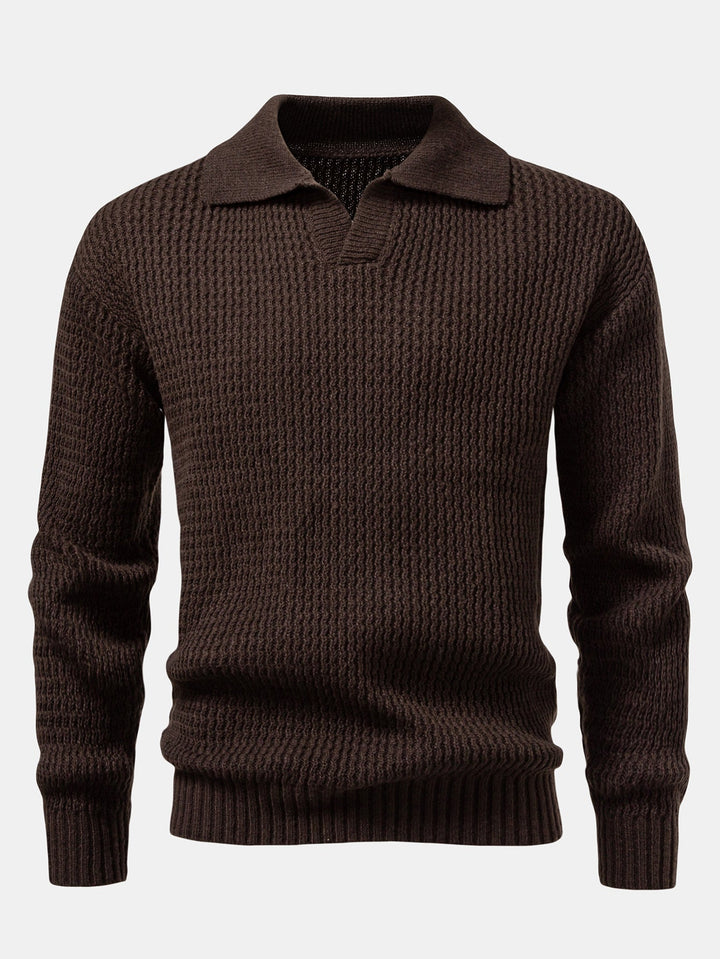 Polo de Punto Jacquard con Ondas y Cuello en V de Manga Larga