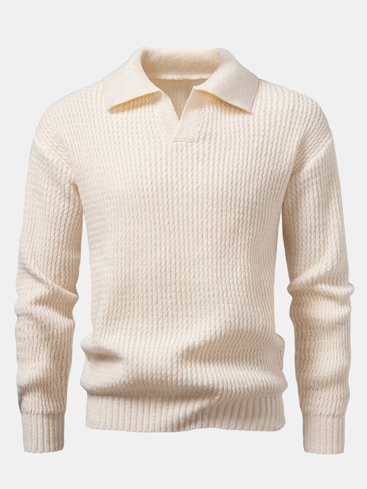 Polo de Punto Jacquard con Ondas y Cuello en V de Manga Larga