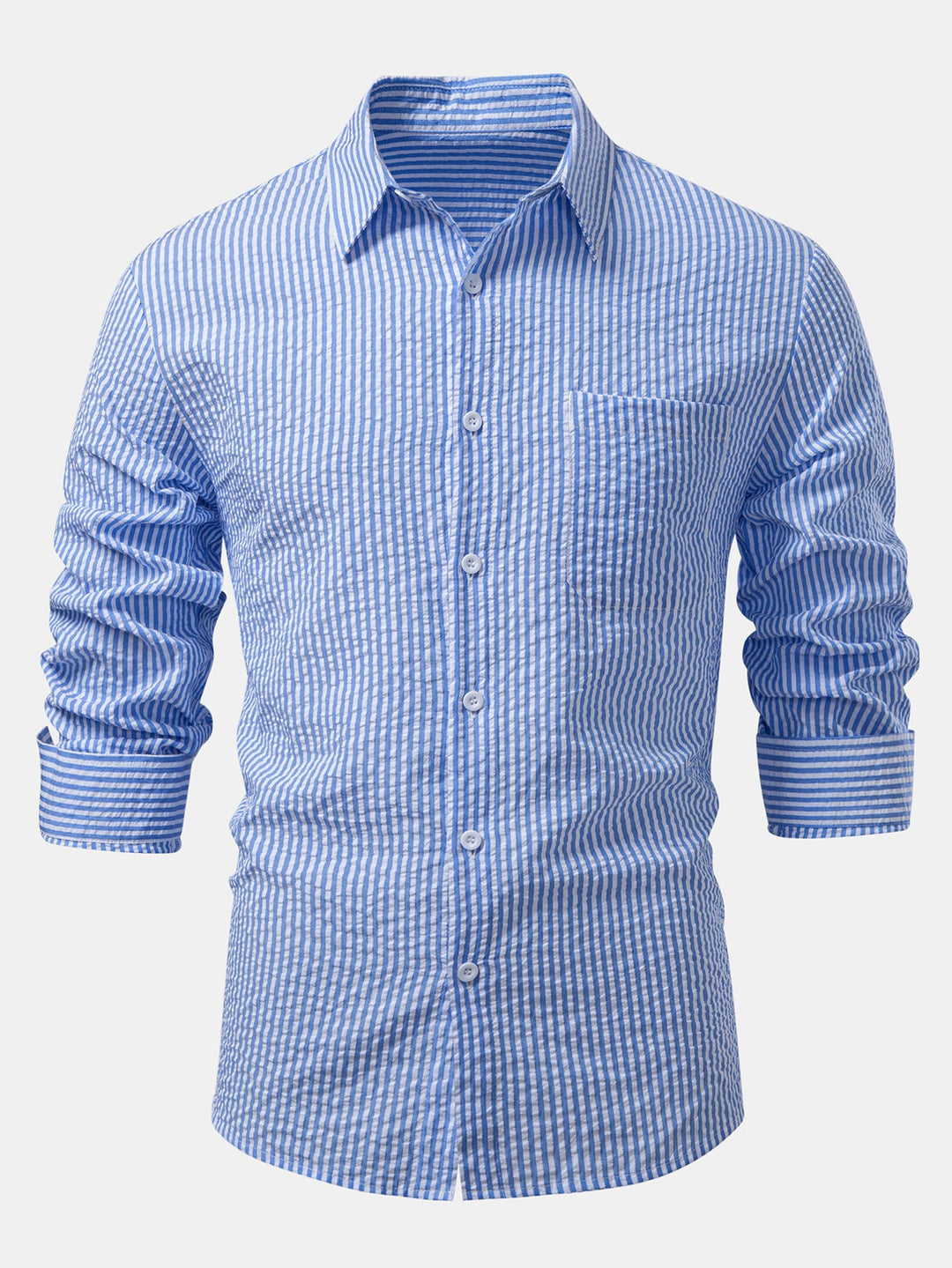 Camisa a Rayas Seersucker con Botones y Pantalones de Lino de Pierna Recta