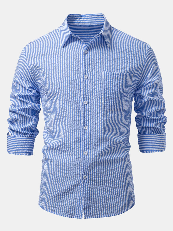 Camisa a Rayas Seersucker con Botones y Pantalones de Lino de Pierna Recta