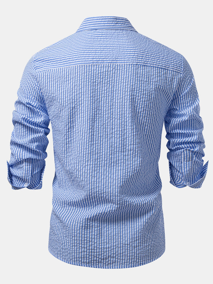 Camisa a Rayas Seersucker con Botones y Pantalones de Lino de Pierna Recta