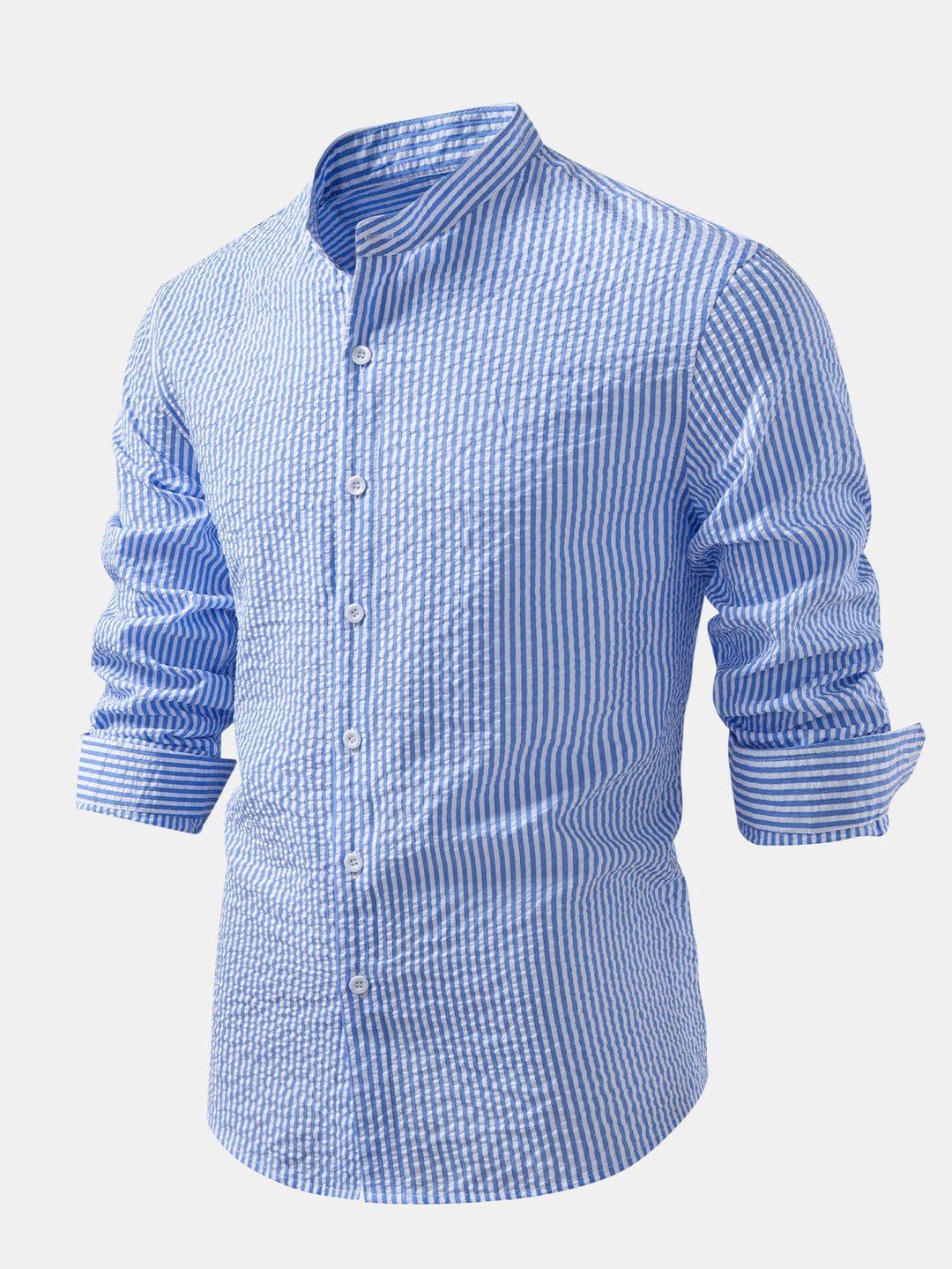 Camisa a Rayas Seersucker con Cuello Alto y Pantalones de Lino de Pierna Recta