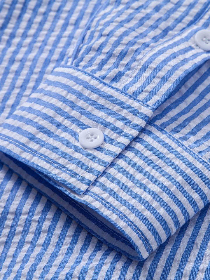 Camisa a Rayas Seersucker con Botones y Pantalones de Lino de Pierna Recta