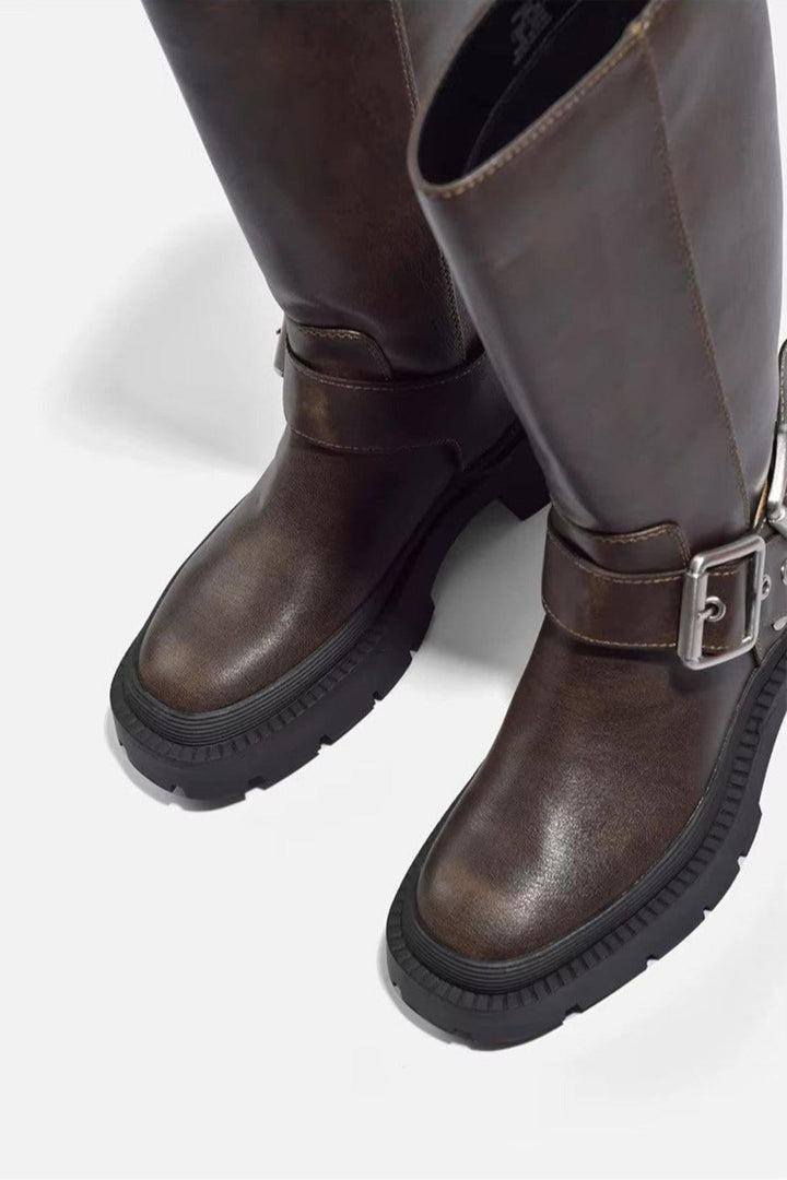 Botas Planas Gruesas hasta la Rodilla – Hebilla Retro