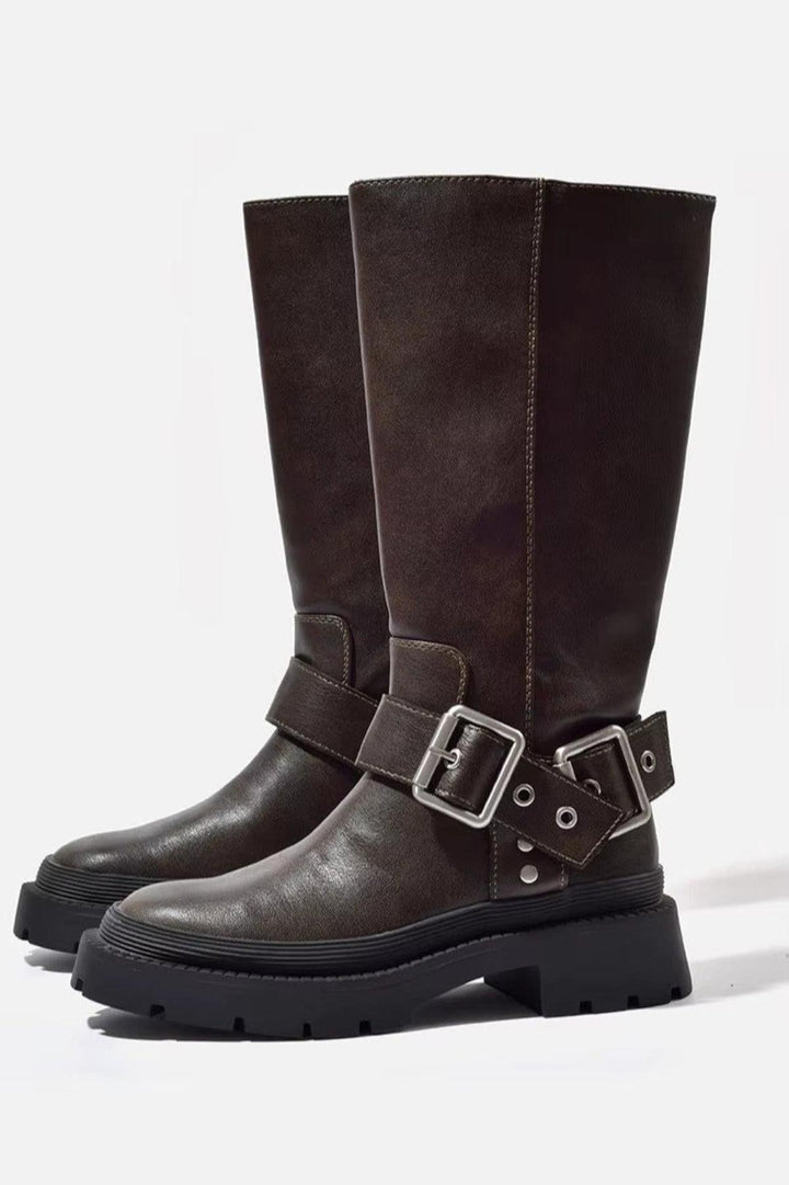 Botas Planas Gruesas hasta la Rodilla – Hebilla Retro