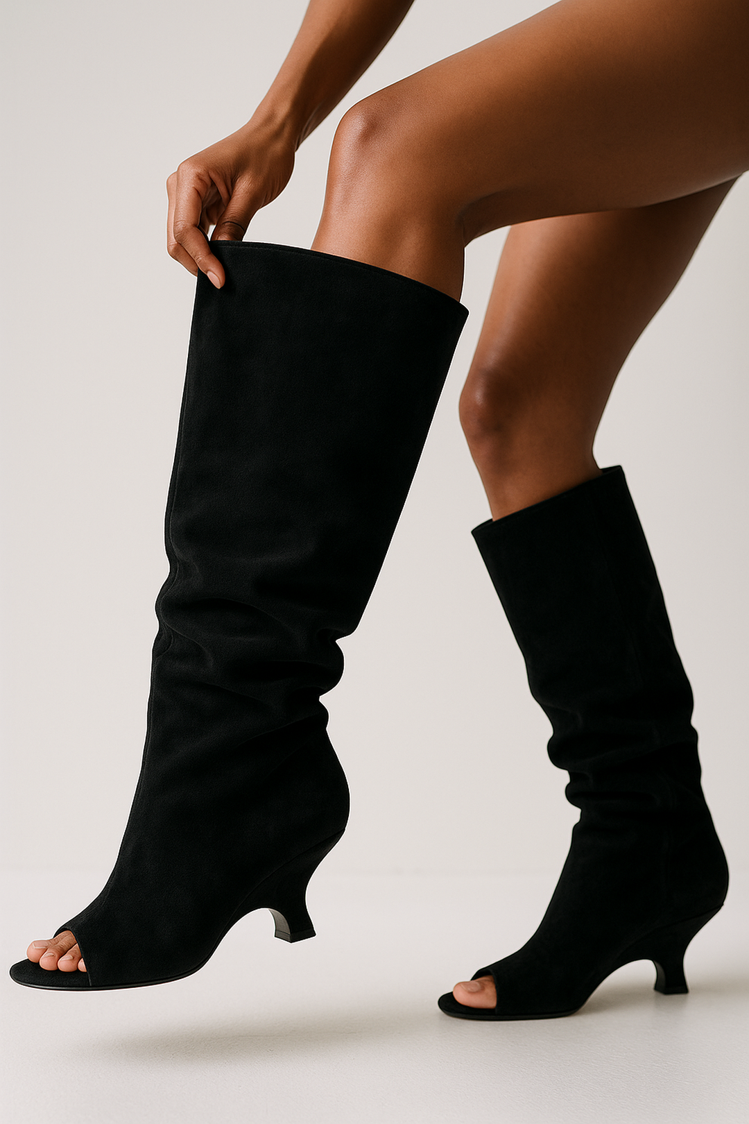 Botas de Gamuza Sintética con Punta Abierta hasta la Rodilla