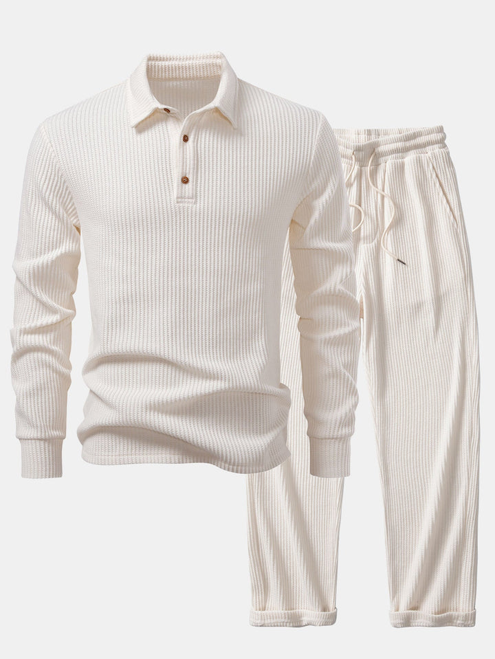 Polo de Manga Larga de Waffle Tejido y Pantalones de Waffle Tejidos con Cordón