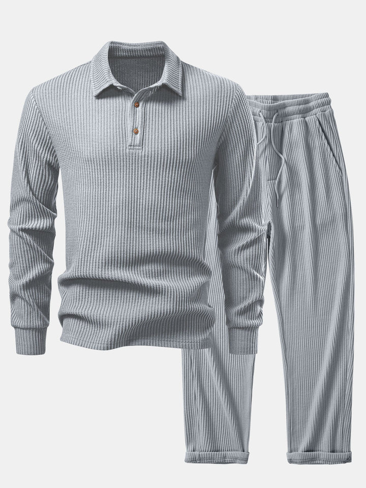 Polo de Manga Larga de Waffle Tejido y Pantalones de Waffle Tejidos con Cordón