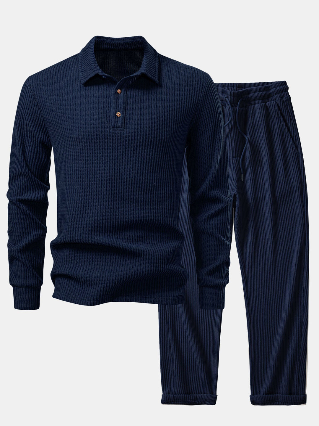 Polo de Manga Larga de Waffle Tejido y Pantalones de Waffle Tejidos con Cordón