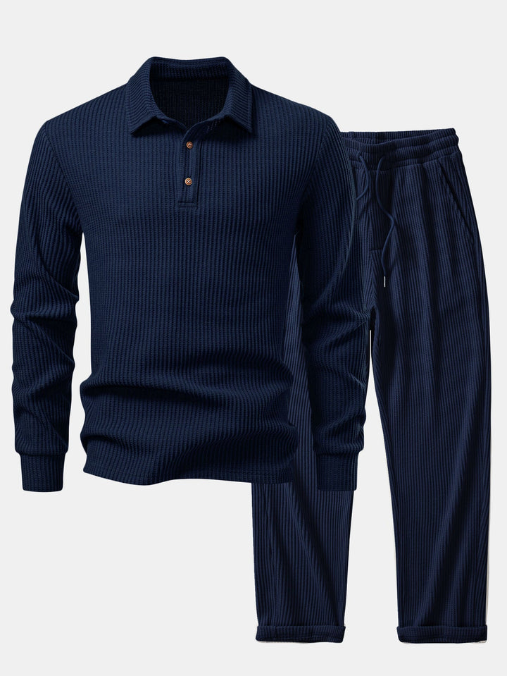 Polo de Manga Larga de Waffle Tejido y Pantalones de Waffle Tejidos con Cordón