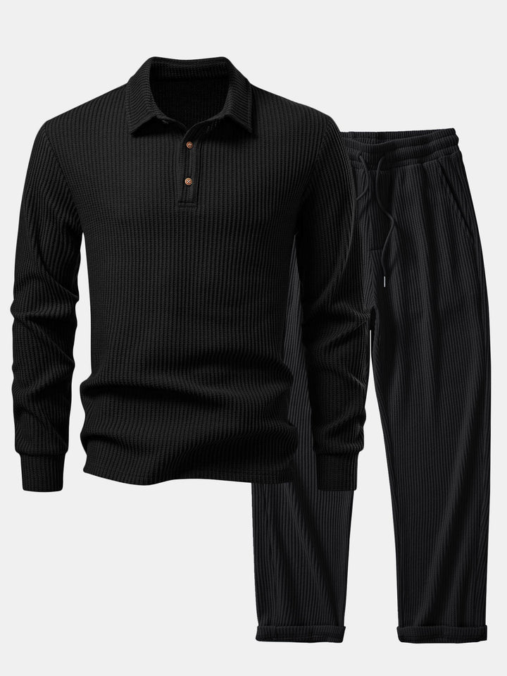 Polo de Manga Larga de Waffle Tejido y Pantalones de Waffle Tejidos con Cordón
