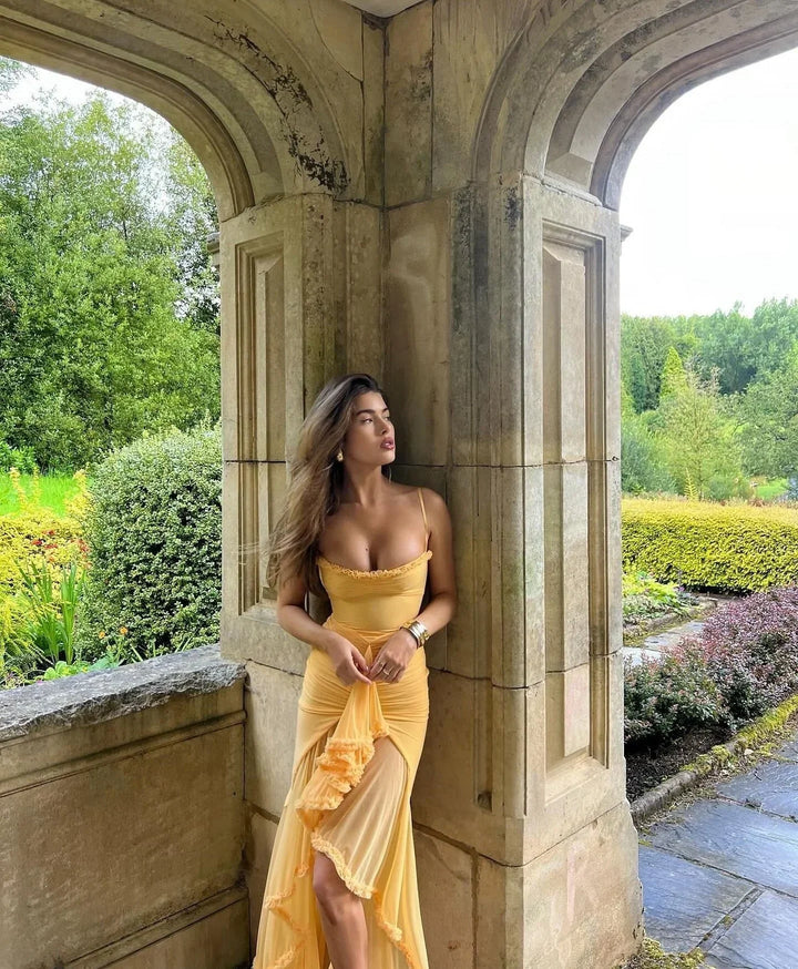 Clarissa | Vestido maxi de malla amarillo