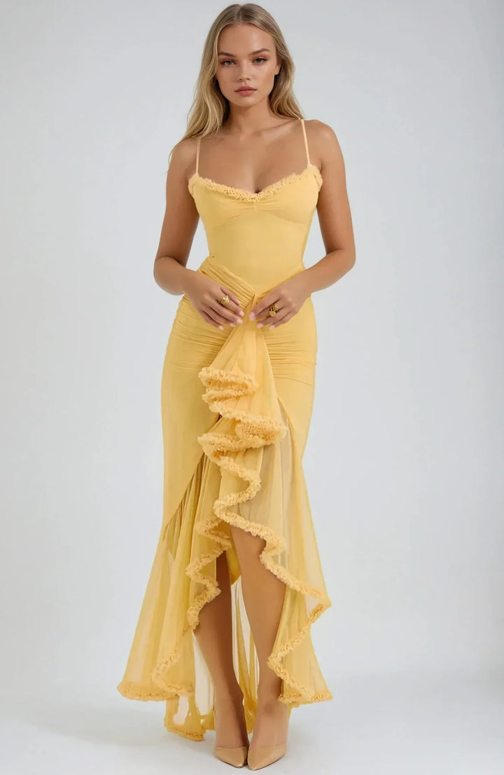 Clarissa | Vestido maxi de malla amarillo