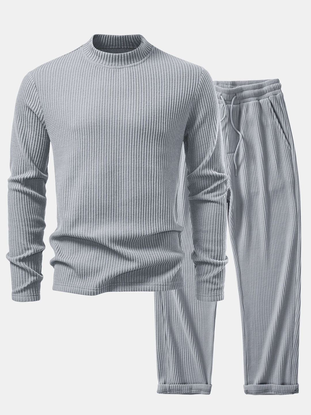 Camiseta de Manga Larga de Waffle con Cuello Alto y Pantalones de Waffle Tejidos con Cordón