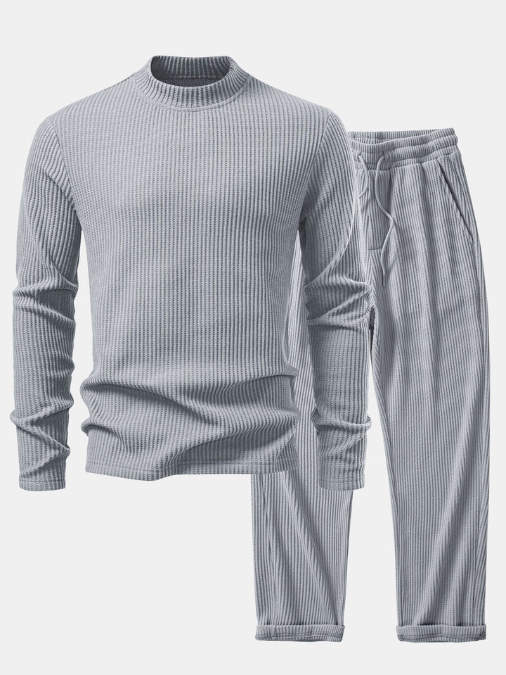 Camiseta de Manga Larga de Waffle con Cuello Alto y Pantalones de Waffle Tejidos con Cordón