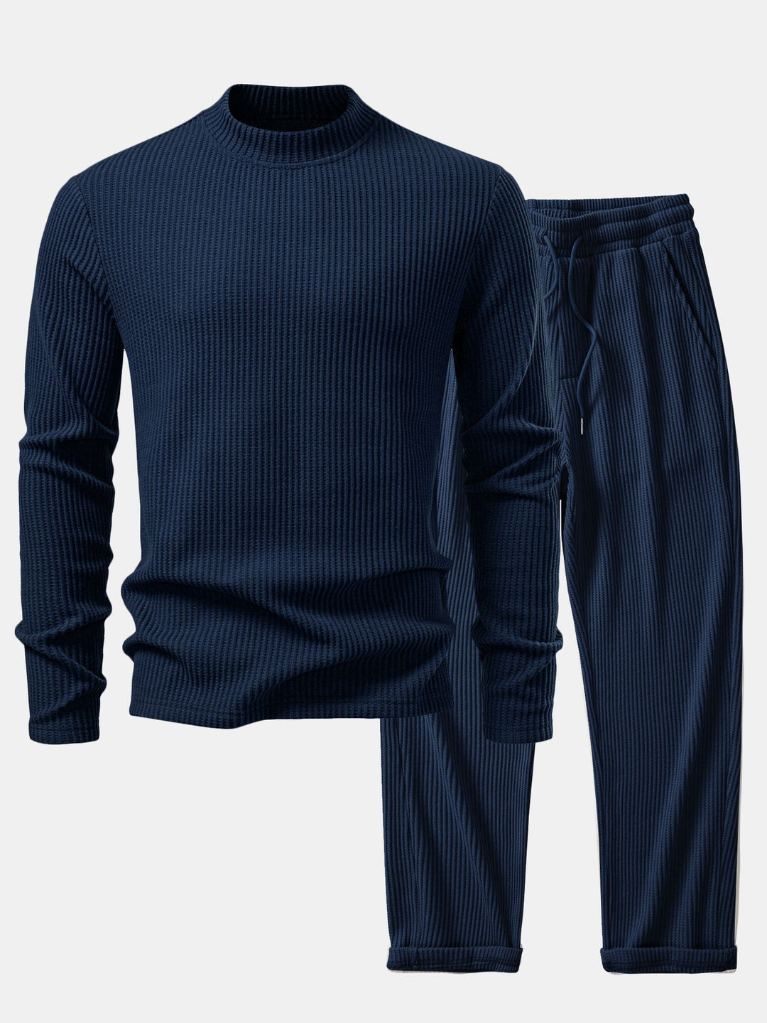 Camiseta de Manga Larga de Waffle con Cuello Alto y Pantalones de Waffle Tejidos con Cordón
