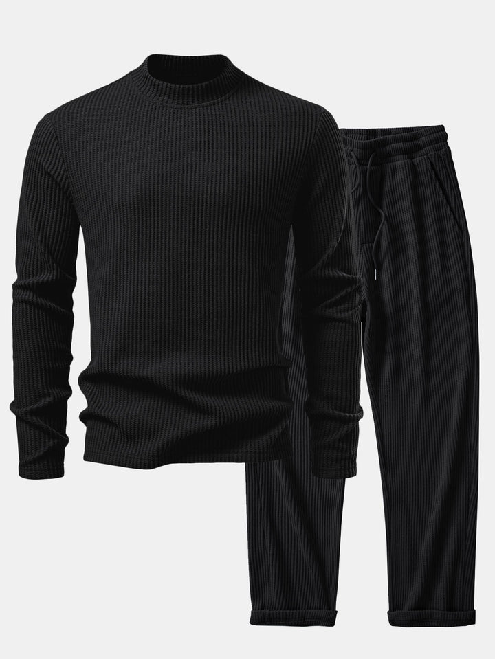 Camiseta de Manga Larga de Waffle con Cuello Alto y Pantalones de Waffle Tejidos con Cordón