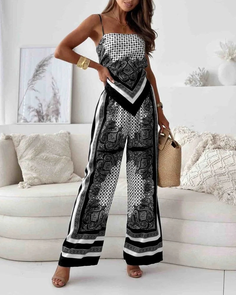 Alya | Conjunto elegante de dos piezas con chaleco y pantalones estampados con cordones
