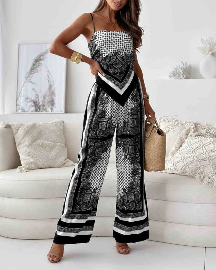 Alya | Conjunto elegante de dos piezas con chaleco y pantalones estampados con cordones