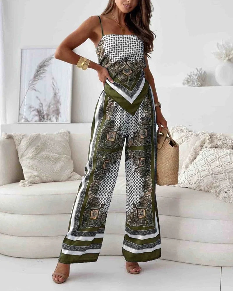 Alya | Conjunto elegante de dos piezas con chaleco y pantalones estampados con cordones
