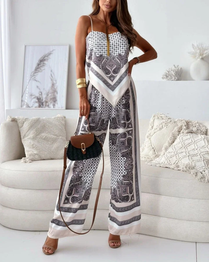Alya | Conjunto elegante de dos piezas con chaleco y pantalones estampados con cordones