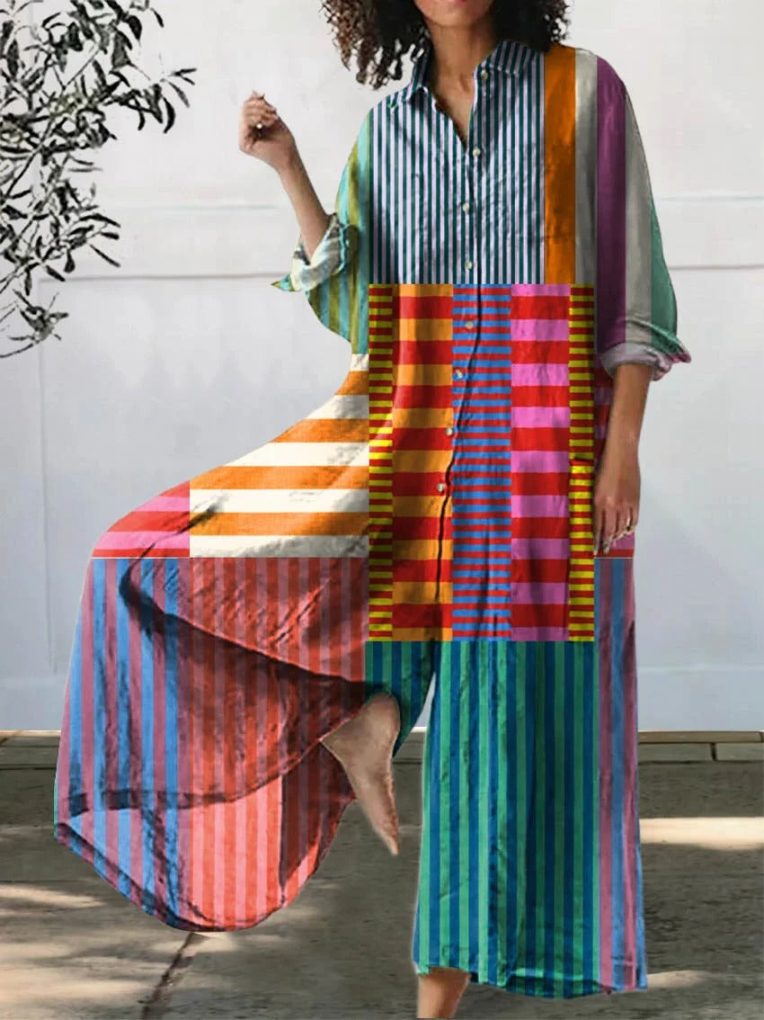 Camisa de Mujer de Algodón y Lino a Rayas y Patchwork Colorido