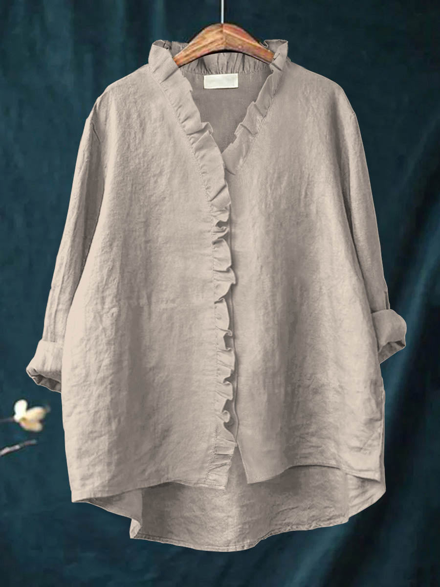 Camisa Casual de Algodón y Lino con Volantes para Mujer