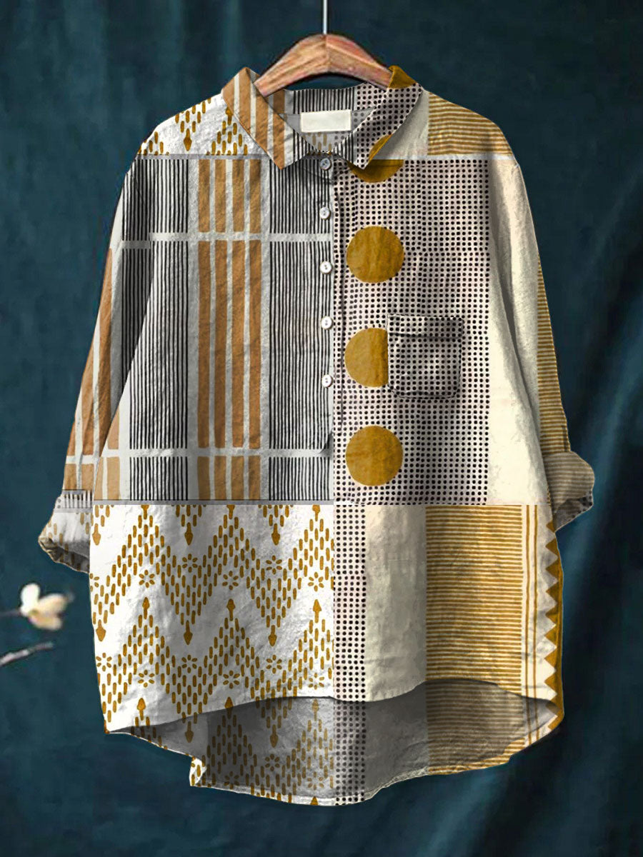 Camisa Vintage de Mujer con Estampado de Geometría Abstracta