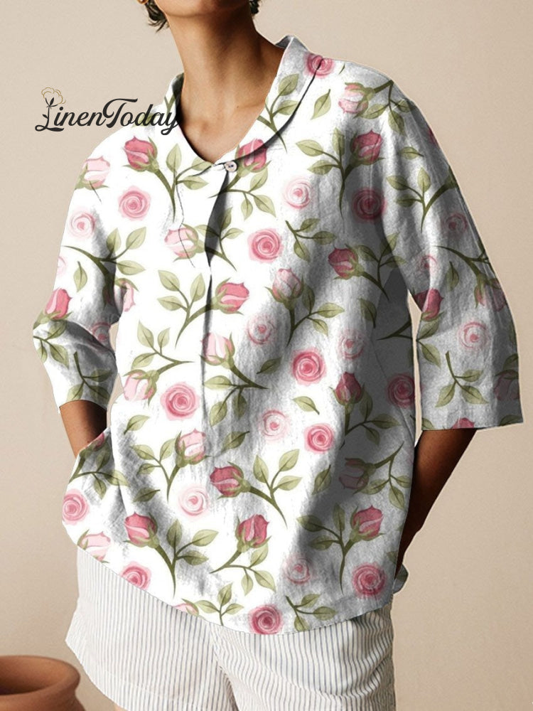 Camisa Casual de Algodón y Lino para Mujer con Estampado de Flores de Rosa
