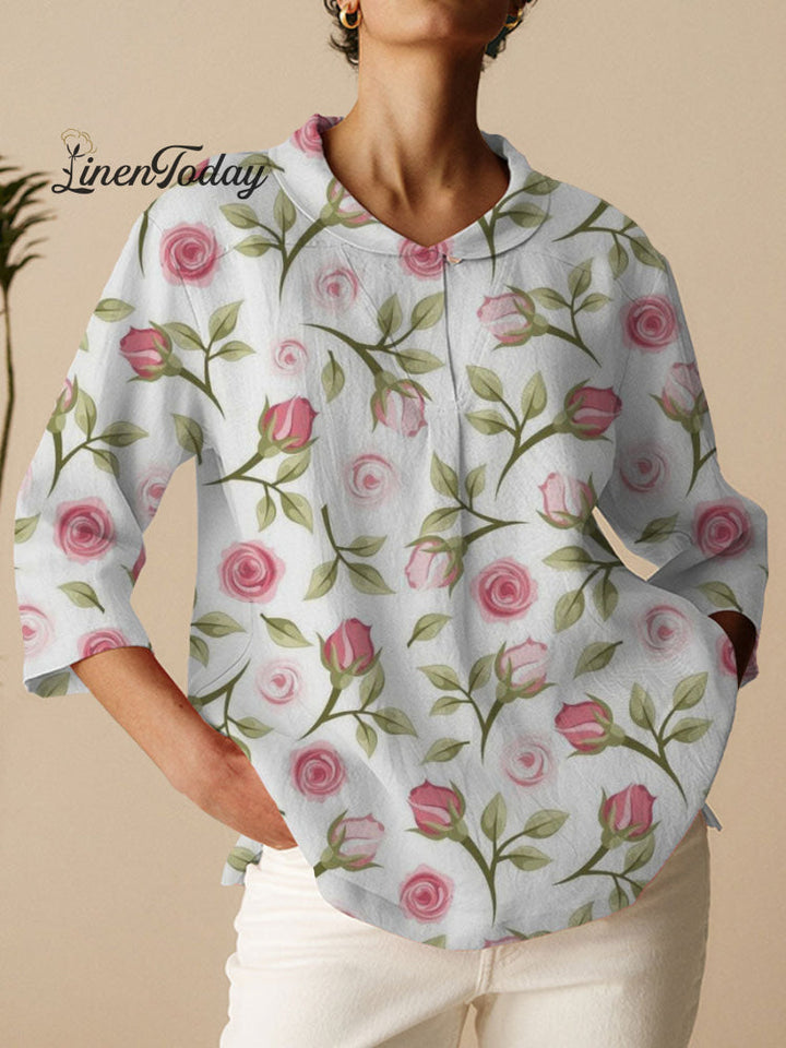 Camisa Casual de Algodón y Lino para Mujer con Estampado de Flores de Rosa