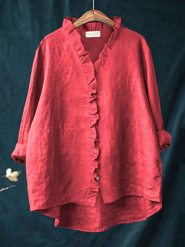 Camisa Casual de Algodón y Lino con Volantes para Mujer