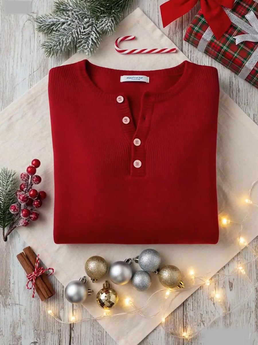 Top de Suéter de Mujer con Cuello Henley y Color Sólido, Suave