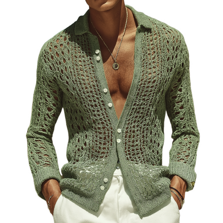Camisa retro casual de manga larga con cuello de punto hueco para hombre