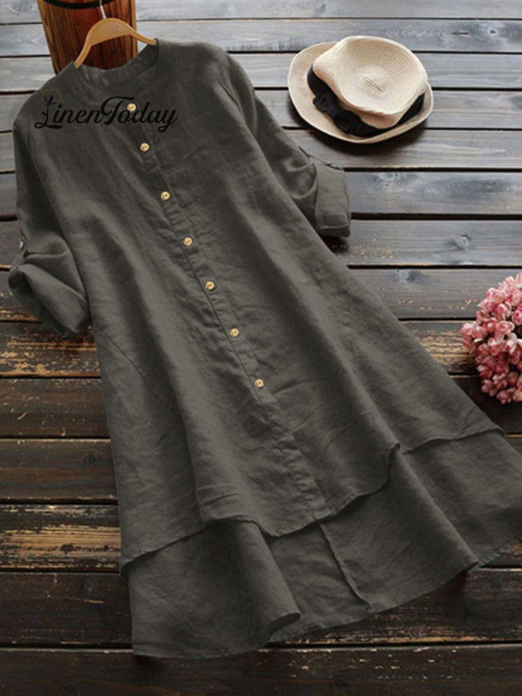 Camisa Holgada de Mujer de Lino y Color Sólido