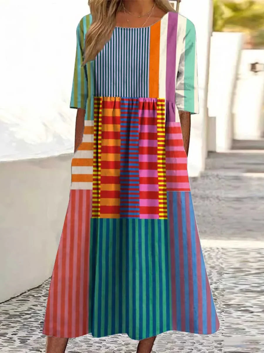 Camisa de Mujer de Algodón y Lino a Rayas y Patchwork Colorido
