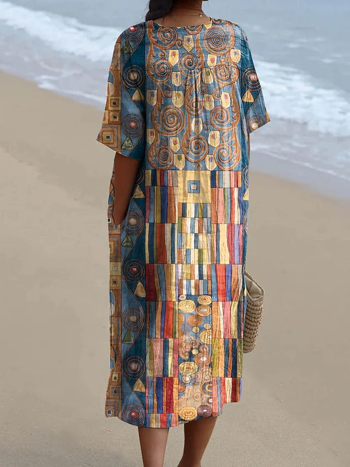 Vestido cruzado sin mangas de algodón para mujer con bolsillo y estampado artístico geométrico abstracto