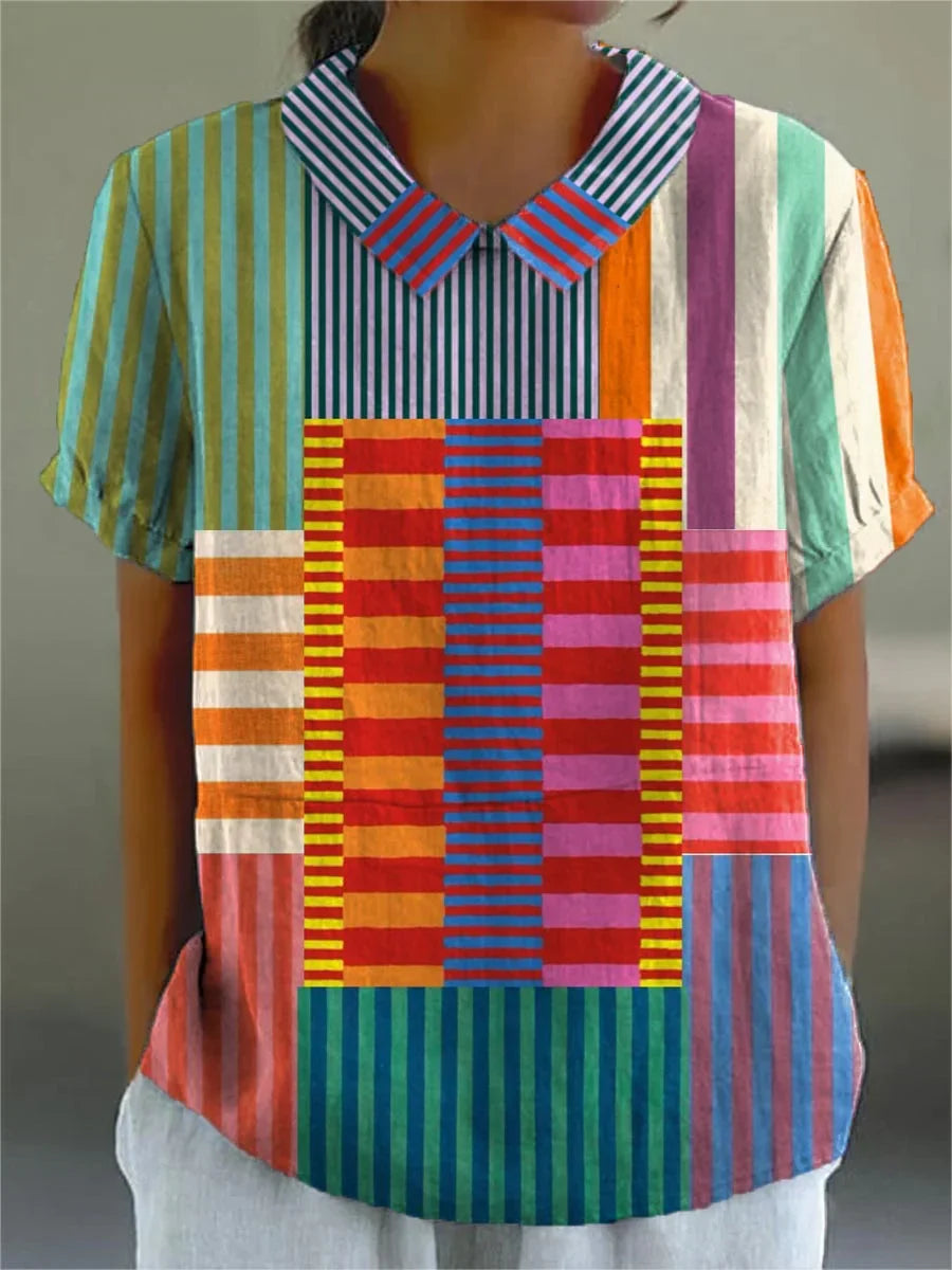 Camisa de Mujer de Algodón y Lino a Rayas y Patchwork Colorido