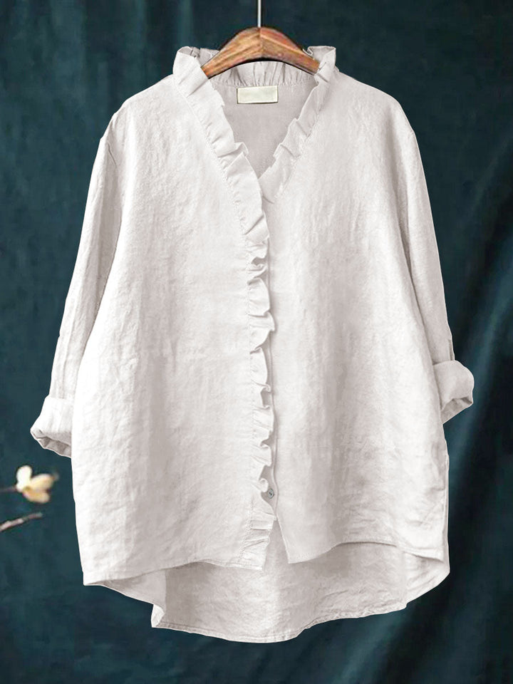 Camisa Casual de Algodón y Lino con Volantes para Mujer