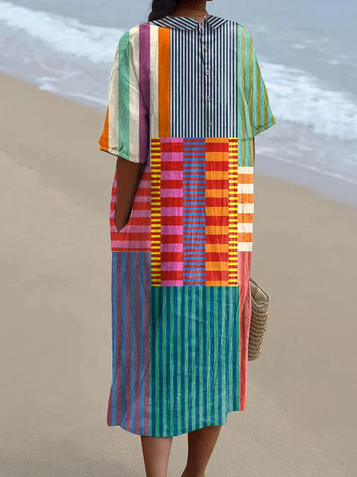 Camisa de Mujer de Algodón y Lino a Rayas y Patchwork Colorido