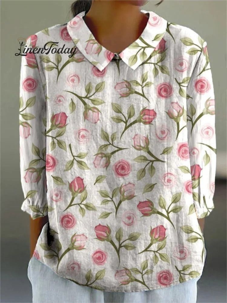Camisa Casual de Algodón y Lino para Mujer con Estampado de Flores de Rosa