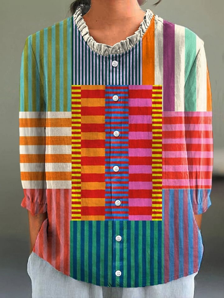 Camisa de Mujer de Algodón y Lino a Rayas y Patchwork Colorido
