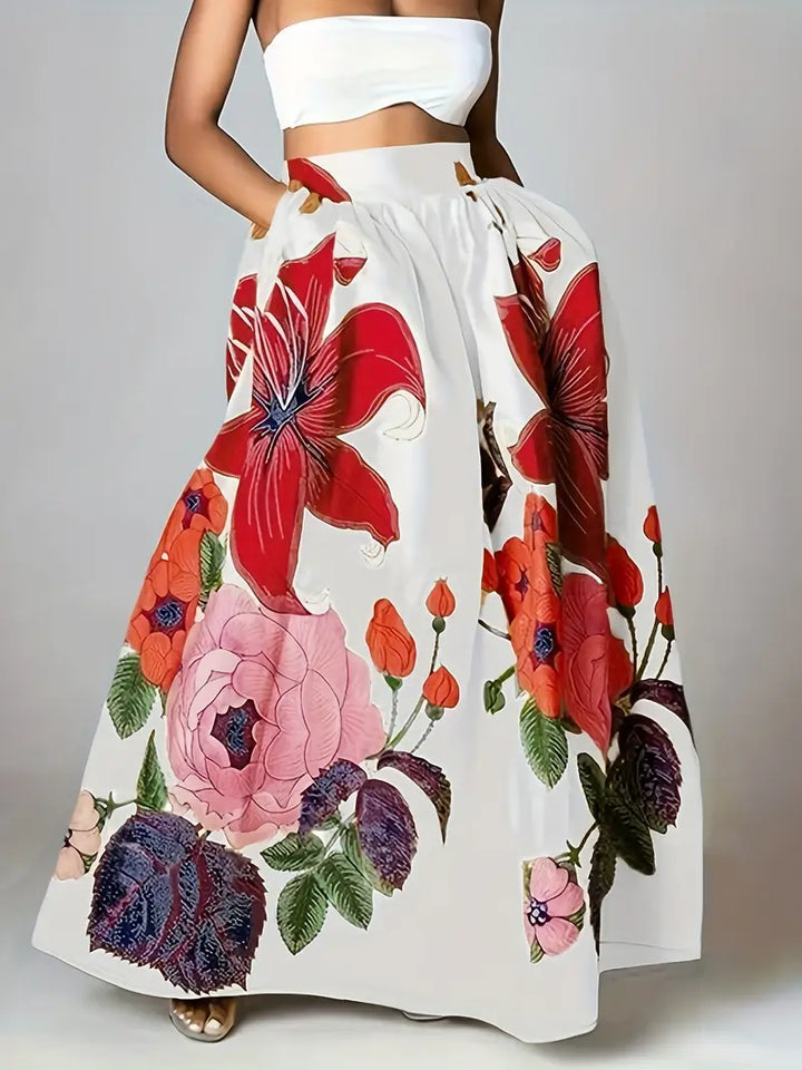 Falda maxi de mujer con estampado floral y bolsillos