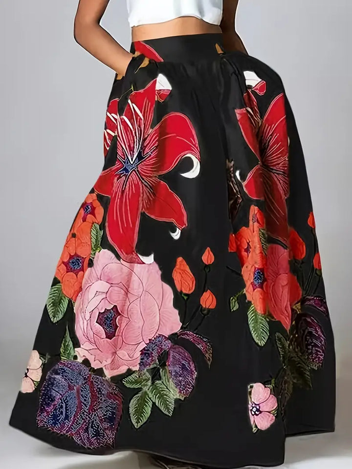 Falda maxi de mujer con estampado floral y bolsillos